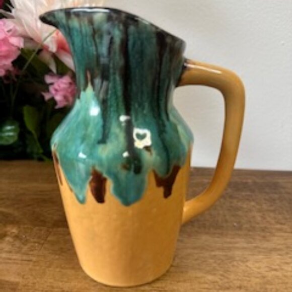 Vintage Drip Glaze Pottery Pitcher Green Brown and Mustard Yellow Art Pottery Ju - Picture 7 of 8
